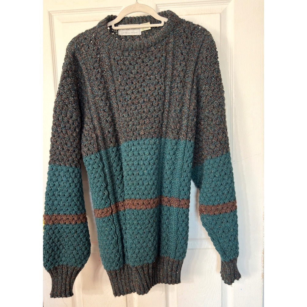 Patrick Malin Donegal Ireland Wool Sweater Mens Large Teal Brown Marl Knit VTG2